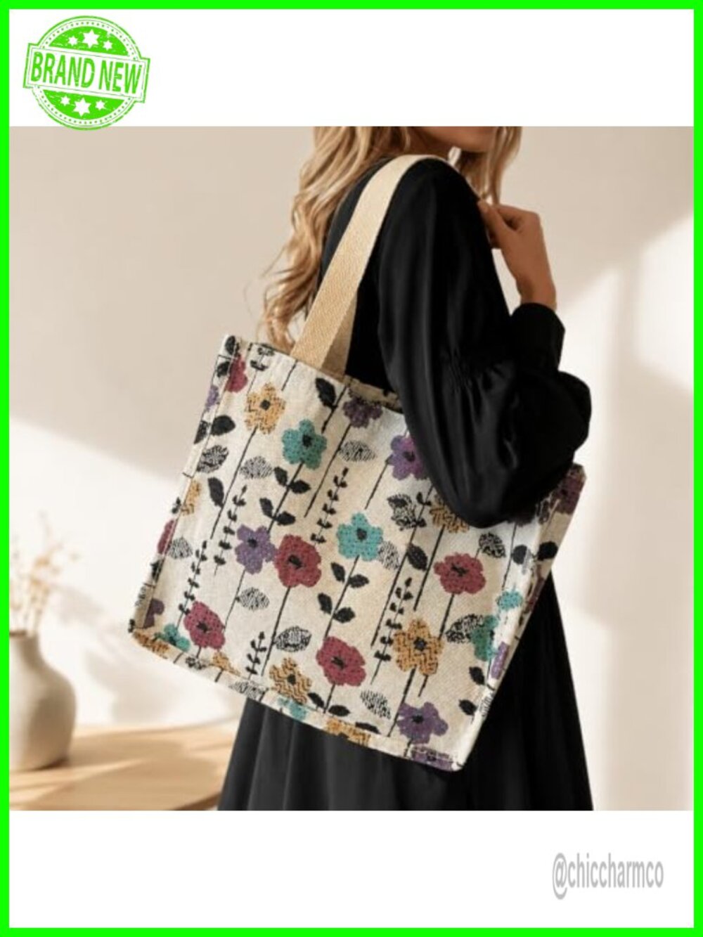 Vintage Floral Jacquard Canvas Tote Bag Large Capacity Casual Shoulder Handbag